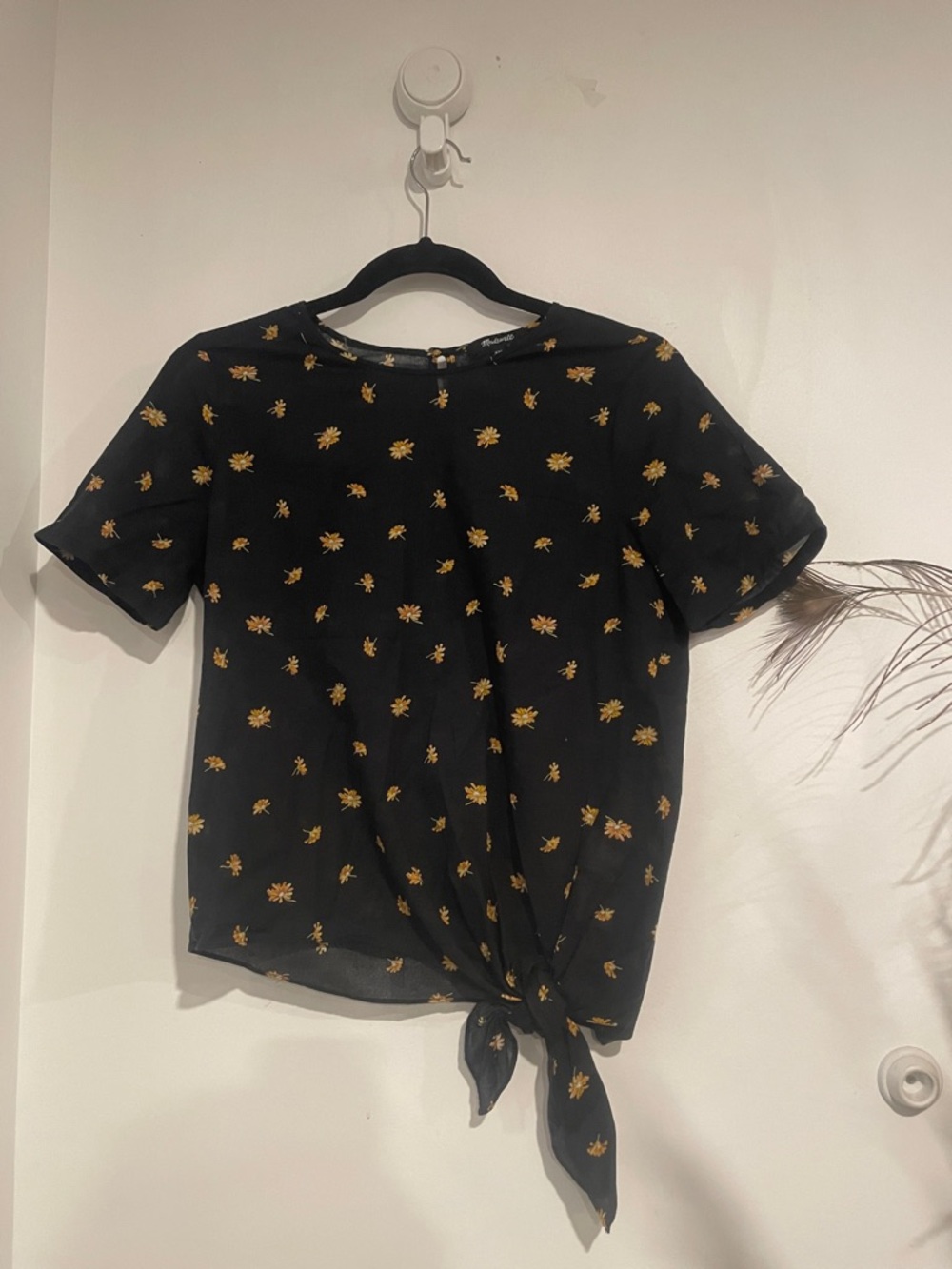 Madewell Black Short Sleeve Tie-Front Floral Top Sz XXS B127